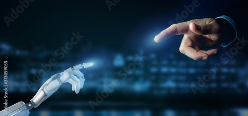 Cyborg robot hand on a city background 3d rendering