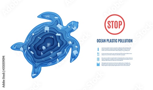Silhouette of a turtle cut out of paper and ocean pollution banner. Craft underwater ocean deep cave with plastic rubbish. Papercut marine cartoon animals. Vector World Ocean Day environment concept