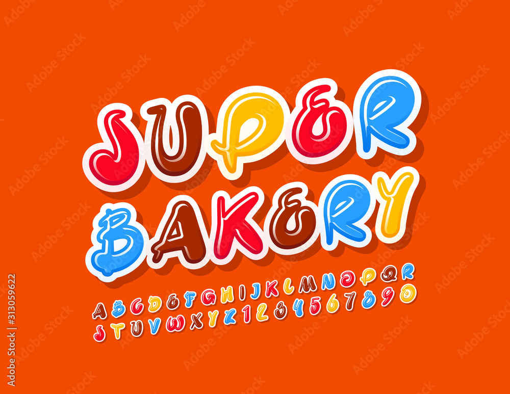 Fototapeta Vector colorful Emblem Super Bakery. Bright Playful Font. Glossy Alphabet Letters and Numbers.