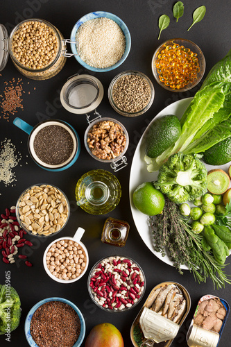 Fototapeta Naklejka Na Ścianę i Meble -  Set of vegetables, herbs, cereals and seeds for a healthy diet. Gluten free diet. Vegetarian kitchen.