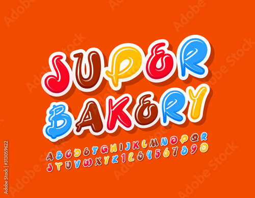 Vector colorful Emblem Super Bakery. Bright Playful Font. Glossy Alphabet Letters and Numbers.
