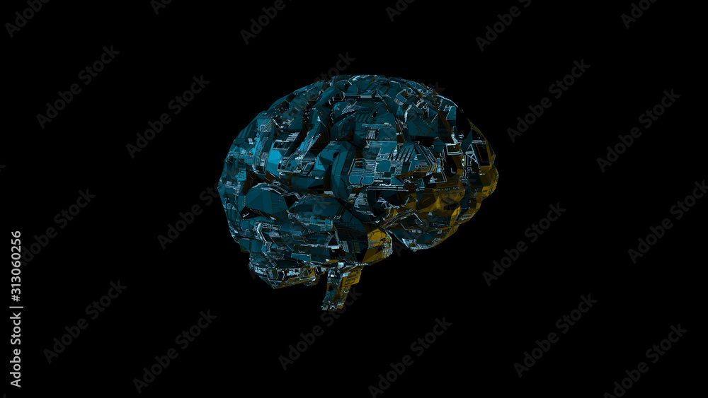 Biomechanical computer brain - glowing blue machine mind 3D render - angle view Biomechanical computer brain - glowing blue machine mind 3D render - angle view