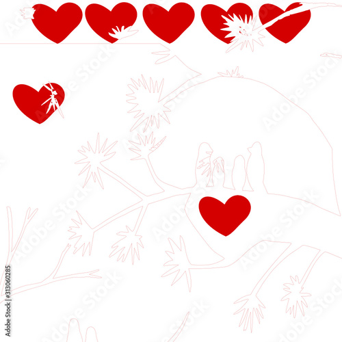 Layout/Line of a bird family (father, mother and two children)on tree branch decorated with bright red hearts,Valentine's day ideas Concept