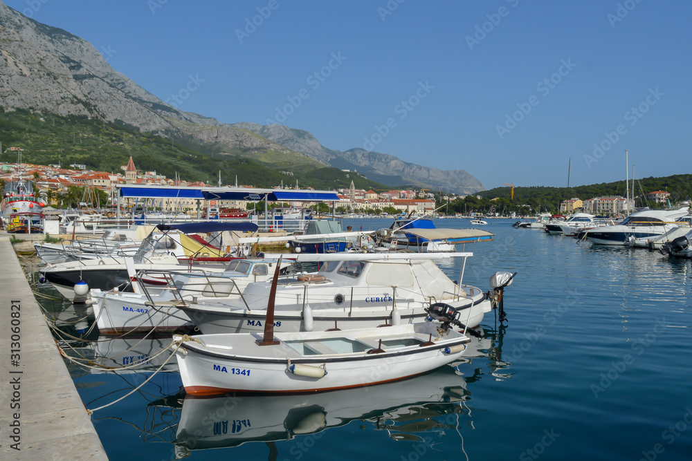 Fisherman's boats in wharf in Makarska, Croatia on June 9, 2019.
