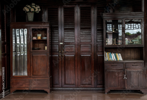Obraz na płótnie Interior inside of Vintage thai house, wood antique house Thai Style architecture, traditional thai house. w salonie
