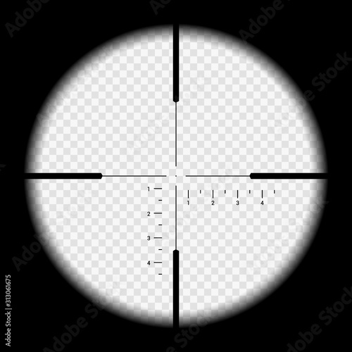 Realistic illustration looking through sniper crosshair with measuring numbers and markers. Optical sight rifle on transparent background, vector