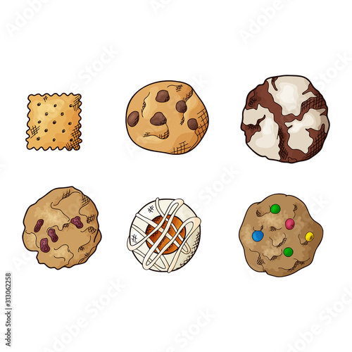 Set of different cookies on isolated white background. Traditional pastry. Vector illustration