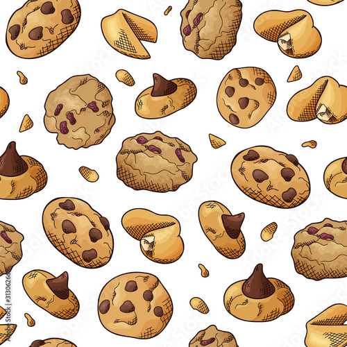 Natural food seamless pattern. Sketch style cookies on white background. Different sweet and baked elements. Vector illustraation