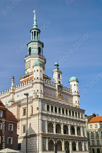 Facade of a Renaissance town hall with a tower in Poznan.