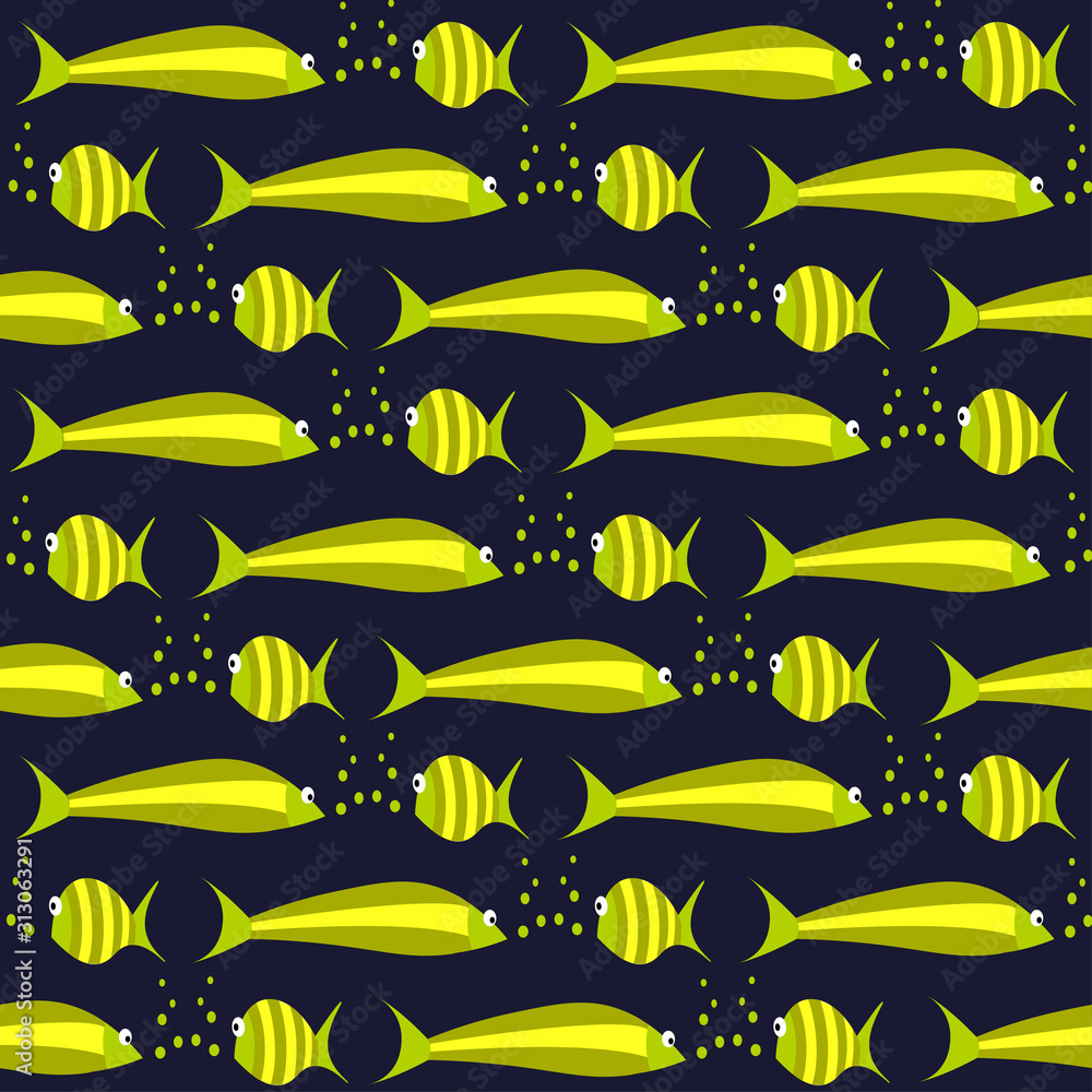 Seamless pattern with big and small fish in sea. Vector illustration. Nautical theme with cartoon drawings, navy blue background, goldfish.