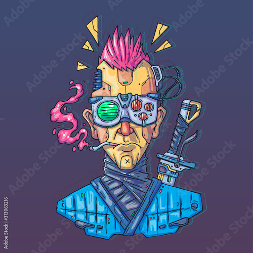 Character Face in futuristic virtual style. Cyber Punk Vector Illustration. Cartoon art for web and print. Trendy Cyber Art Poster.