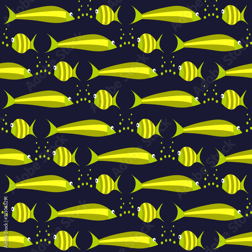 Seamless pattern with big and small fish in sea. Vector illustration. Nautical theme with cartoon drawings, navy blue background, goldfish.