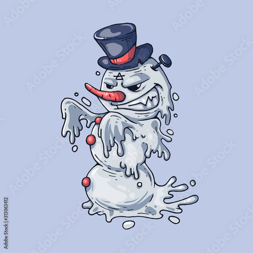 Angry snowman in a black hat. Creative Vector Illustration. Cartoon art for web and print.