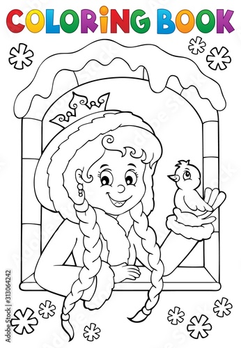 Coloring book princess in winter window