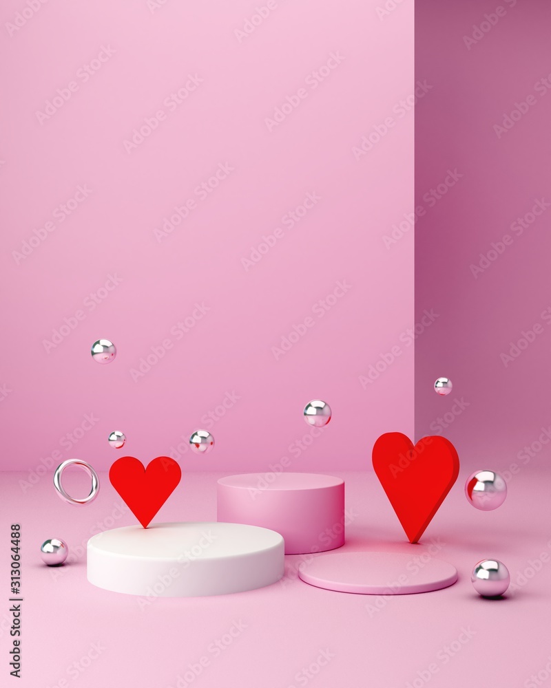 3d rendering, abstract cosmetic love background. Show a product. Empty scene with cylinder mirror, spheres and podium. Pastel pink minimal wall and hearts. Fashion showcase, display case, shopfront. 