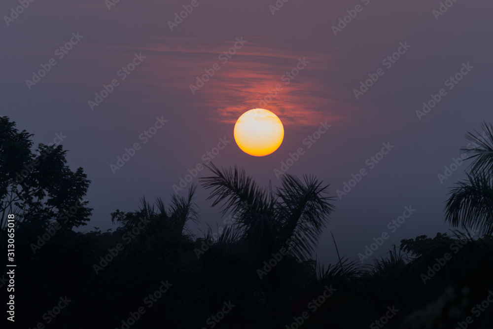 Sunset or sunrise over dense tropical forest with beautiful Cloudscape in shades of Orange blue and yellow  colors.