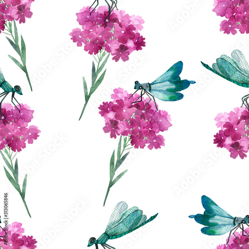 Watercolor hand painted nature floral and animal seamless pattern with pink belladonna flower and green leaves  branches and blue dragonfly insects isolated on the white background  trendy print