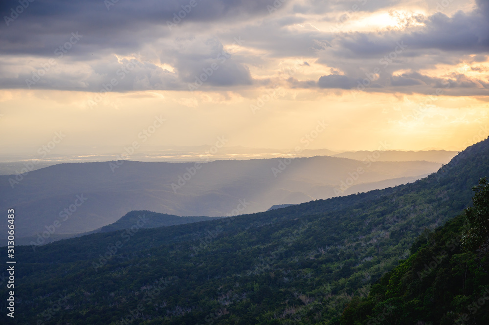 Sunset at Loei Province, Phu Kradueng National Park Thailand. Landscape view from mountain.