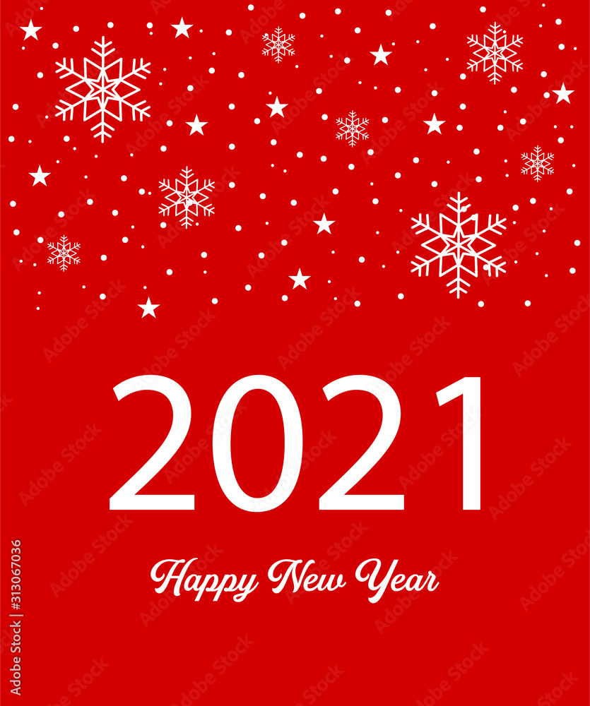 Happy New Year 2021 greeting card, invitation card with white snowflakes on red isolated background