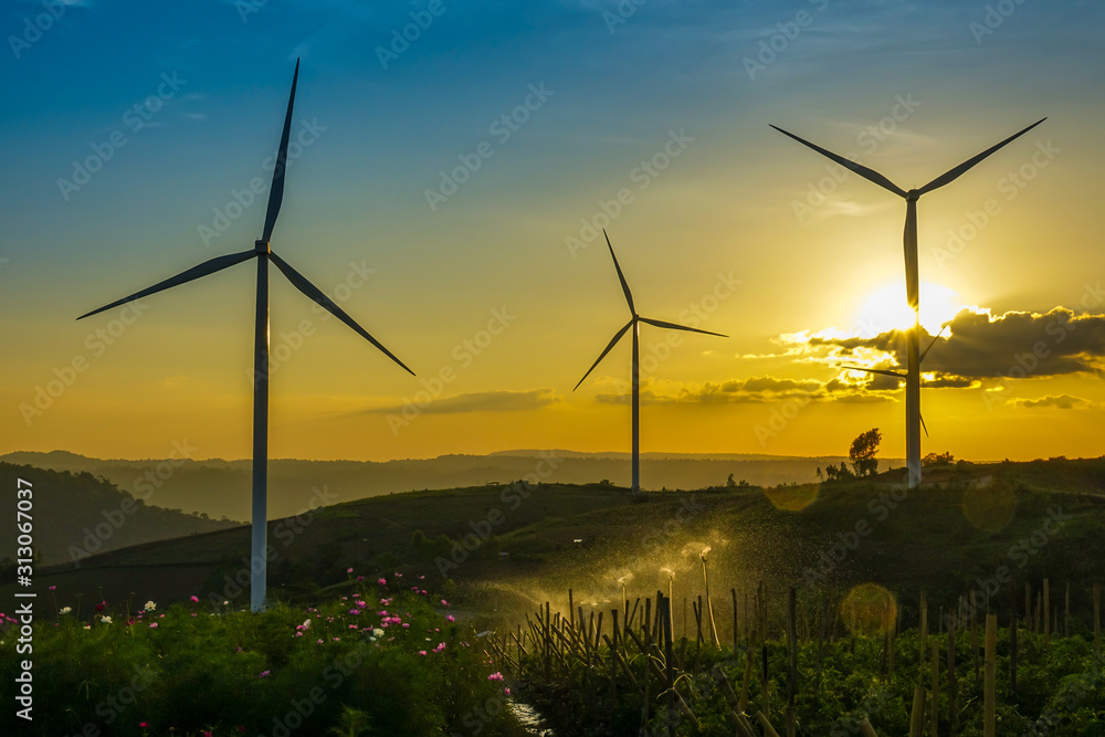 Obraz premium Wind turbine farm from clean energy. Wind power for electricity.