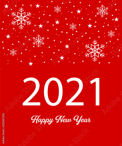 Happy New Year 2021 greeting card  invitation card with white snowflakes on red isolated background