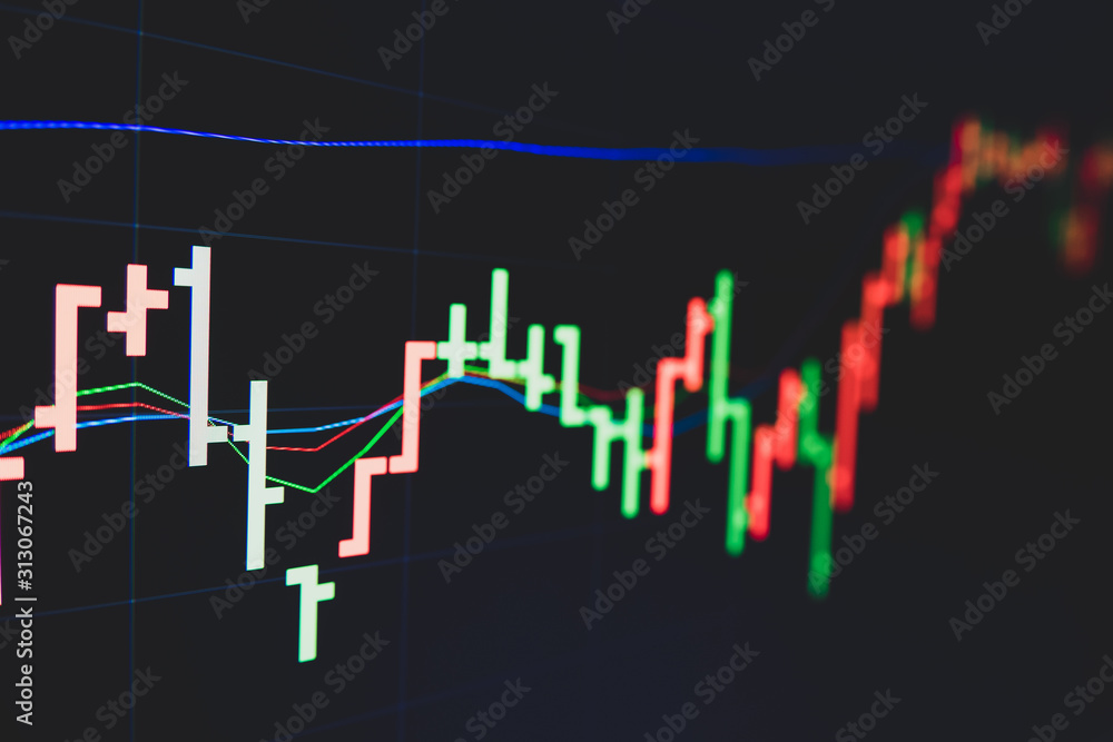 Obraz premium Stock market trading graph and candlestick chart on screen for businese financial investment concept. Economy trends background. Abstract finance and invest background.