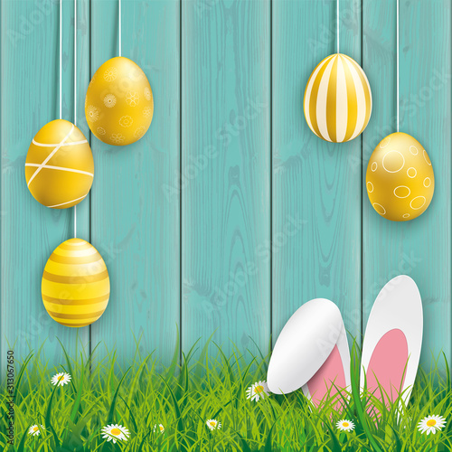 Hanging Golden Easter Eggs Hare Ears Cyan Wood