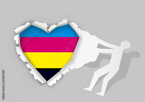 Man and Torn paper heart with cmyk colors. llustration of Paper male silhouette tearing paper with heart with print colors. Concept for presenting color printing. Vector available.