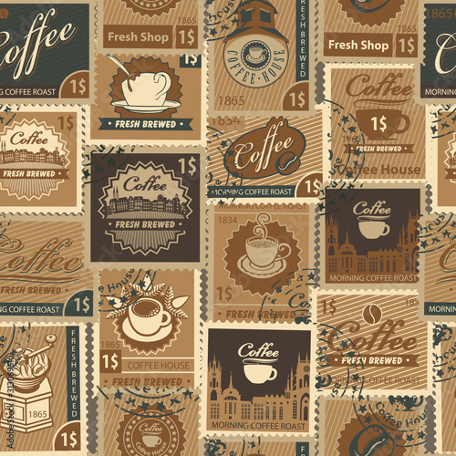 Vector seamless pattern on the theme of coffee and coffee house with postage stamps and postmarks in vintage style. Suitable wallpaper, wrapping paper, fabric in brown colors.