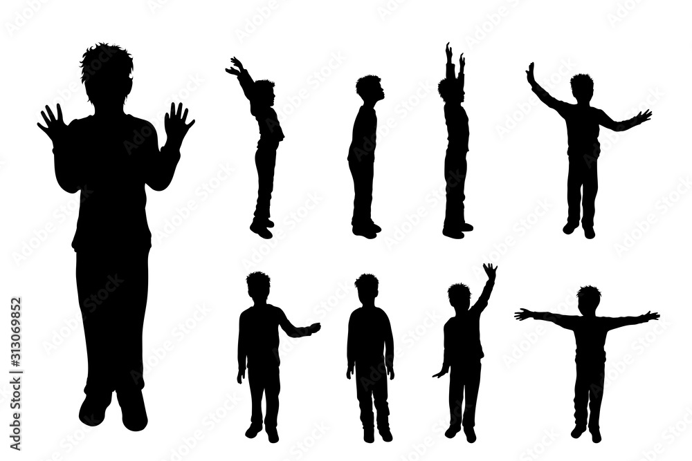 Vector silhouette of collection of boys in different pose on white background. Symbol of child, children, friends, school, student, nursery, childhood.