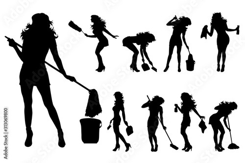 Vector silhouette of collection of cleaning lady with different tools on white background. Symbol of girl, house, work.