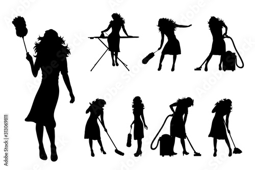 Vector silhouette of collection of cleaning lady with different tools on white background. Symbol of girl, house, work.