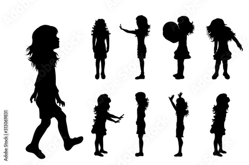 Vector silhouette of collection of girls in different pose on white background. Symbol of child, children, friends, school, student, nursery, childhood.