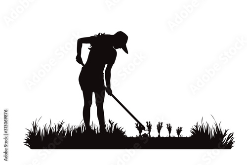 Vector silhouette of gardener works on garden. Symbol of girl, tool, work, people, field, farm, care.