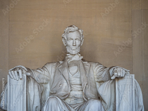 Washington DC, District of Columbia, United States of America : [ Abraham Lincoln Memorial and his statue inside Greek column temple at the end of National Mall ]