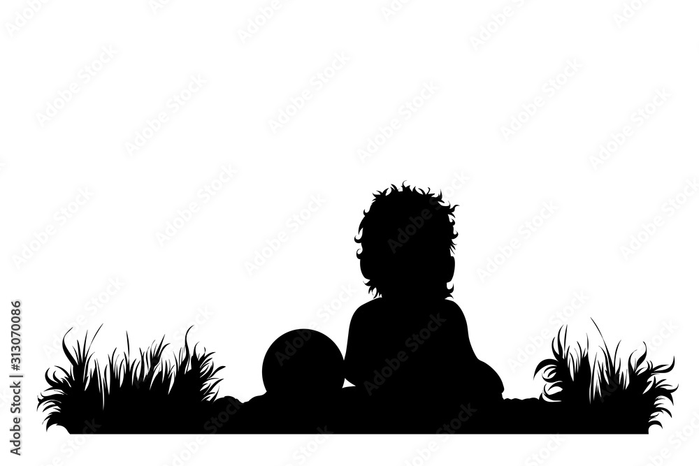 Vector silhouette of child with balloon in the grass on white background. Symbol of baby, toddler, infant, childhood, alone, nature, park, garden.