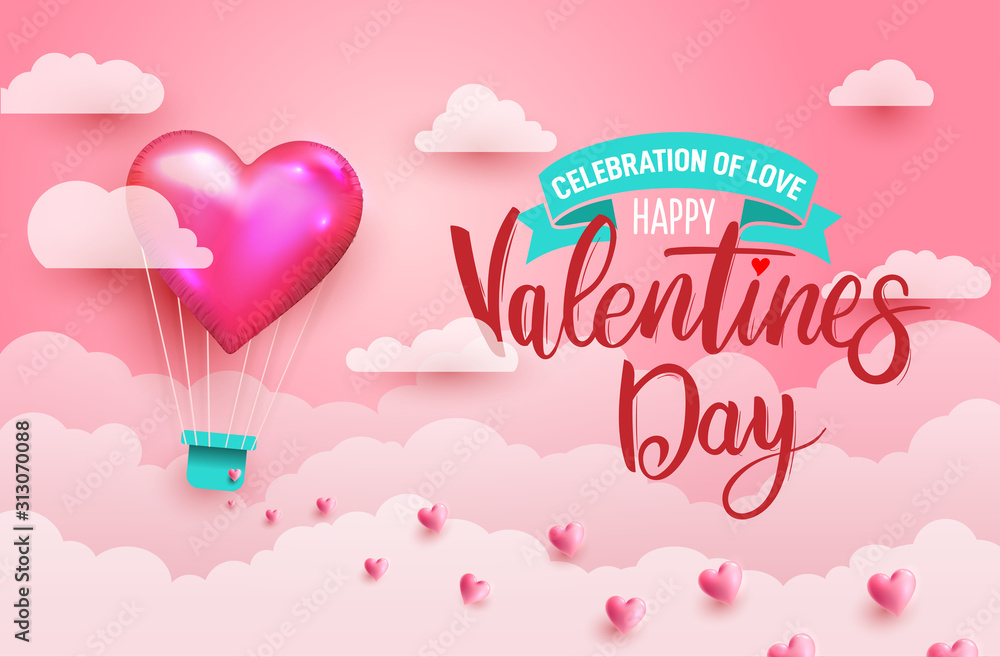 Concept of Valentine's Day. Heart balloons in the sky. Balloons in a heart shaped and Heart float on the sky. Art paper flying heart balloons. Invitations, posters, banners. Vector illustration.