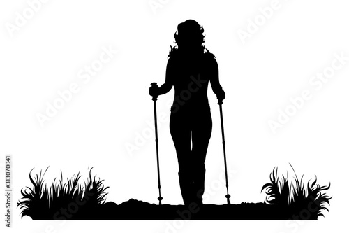 Vector silhouette of woman who walking with nordic walking in the nature on white background. Symbol of girl, people, sport, hike, path, park.