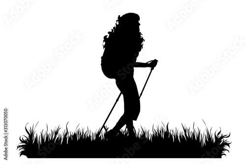 Vector silhouette of woman who walking with nordic walking in the nature on white background. Symbol of girl, people, sport, hike, path, park.
