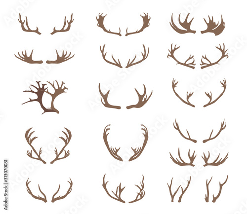 Set of deer antlers. Silhouettes of deers isolated on white background. Hand drawn vector illustration.