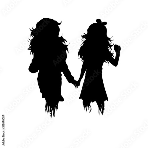 Vector silhouette of siblings in the grass on white background. Symbol of girl, sister, friends, family, infant, childhood, nature, park, garden.
