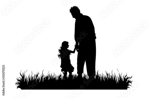 Vector silhouette of grandfather with his granddaughter walks in the grass on white background. Symbol of family, care, love, nature, park, garden.