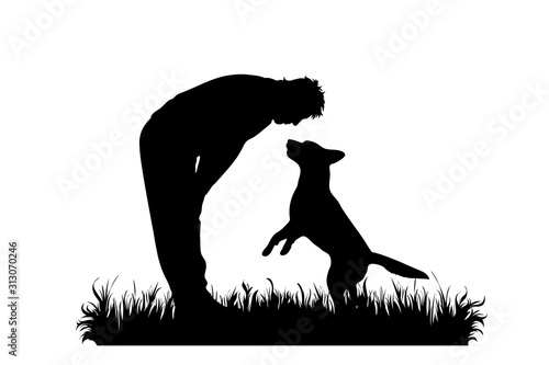 Vector silhouette of man who playing with his dog in the grass on white background. Symbol of pet, animal, game, nature, park, garden.