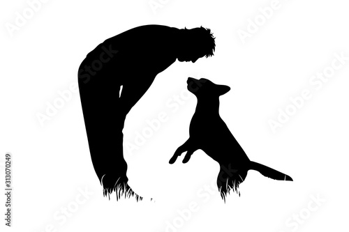 Vector silhouette of man who playing with his dog in the grass on white background. Symbol of pet, animal, game, nature, park, garden.