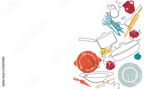 Background with Utensils and Food. Cooking Vertical Pattern. Vector illustration.