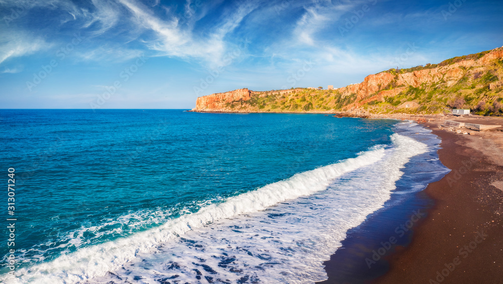 View from flying drone. Sunny spring view of Torre Conca beach. Amazing morning seascape of Mediterranean sea. Attractive outdoor scene of Sicily, Italy, Europe. View from flying drone. Sunny spring view of Torre Conca beach. Amazing morning seascape of Mediterranean sea. Attractive outdoor scene of Sicily, Italy, Europe.