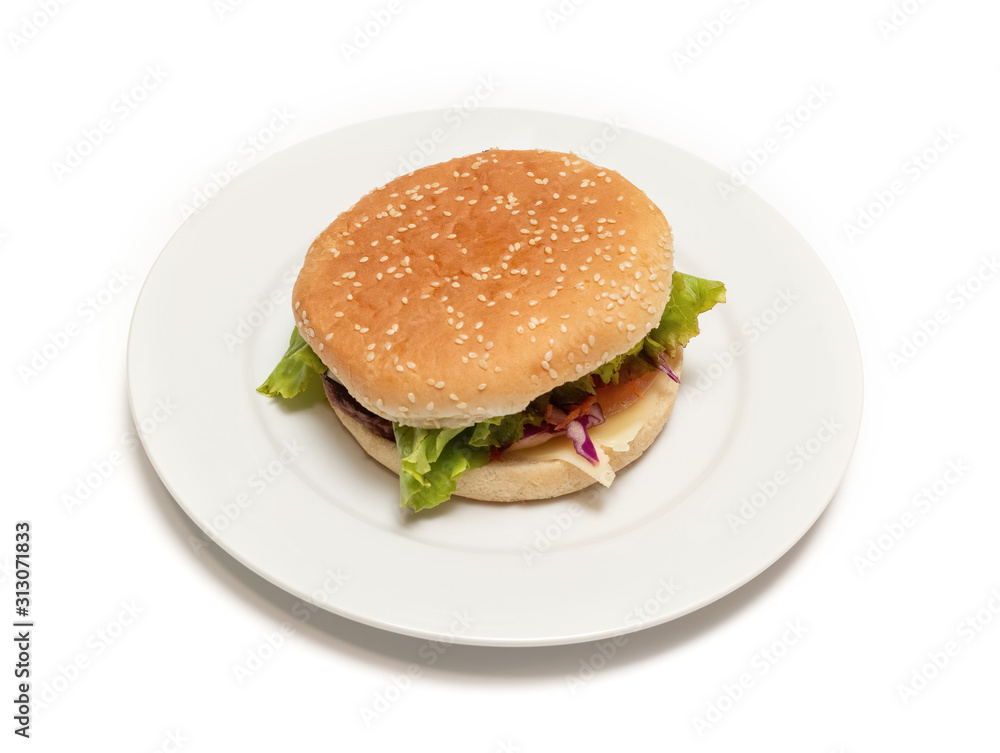 Hamburger on a plate with an isolated white background Hamburger on a plate with an isolated white background