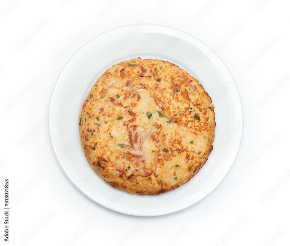 Spanish omelette on an isolated white background
