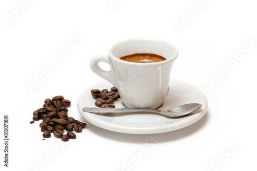 Cup of coffee with milk and toasted coffee beans