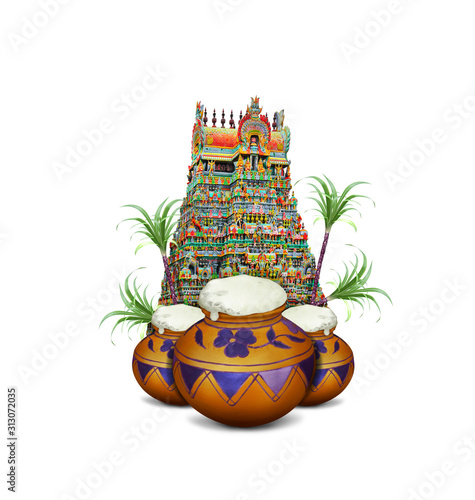 Pongal  traditional mud pot and gopuram